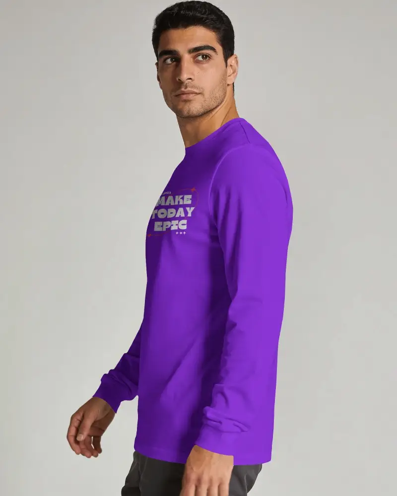 Standing Long Sleeve T Shirt Mockup On Male Model With Subtle Forward Motion And Sideward Gaze