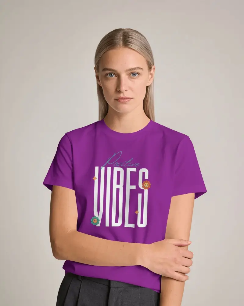 Waist Up Female Model T Shirt Mockup With Centered Pose And Clear Front Print Placement Area