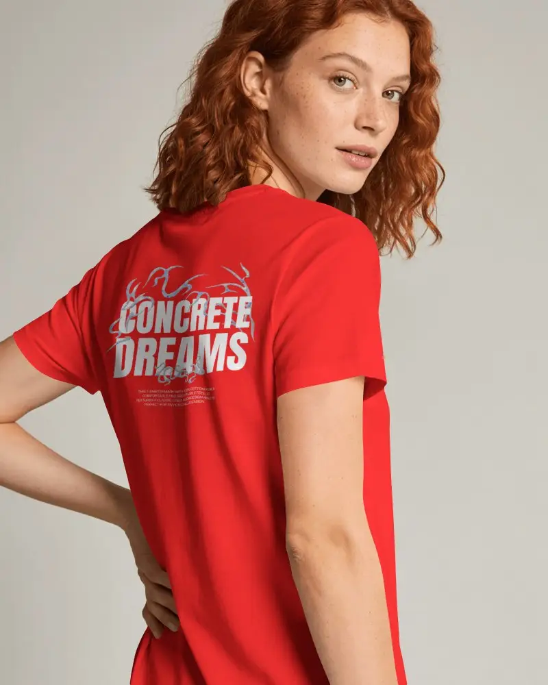 Rear Angle Womens Tee Mockup With Voluminous Curly Hair And Asymmetrical Body Position