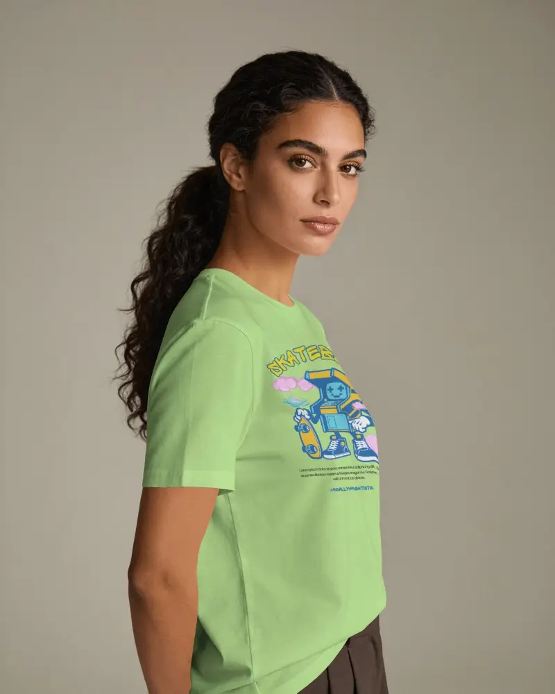 Editorial Womens Crew Neck Tee Mockup With Swept Back Curls And Refined Studio Portrait