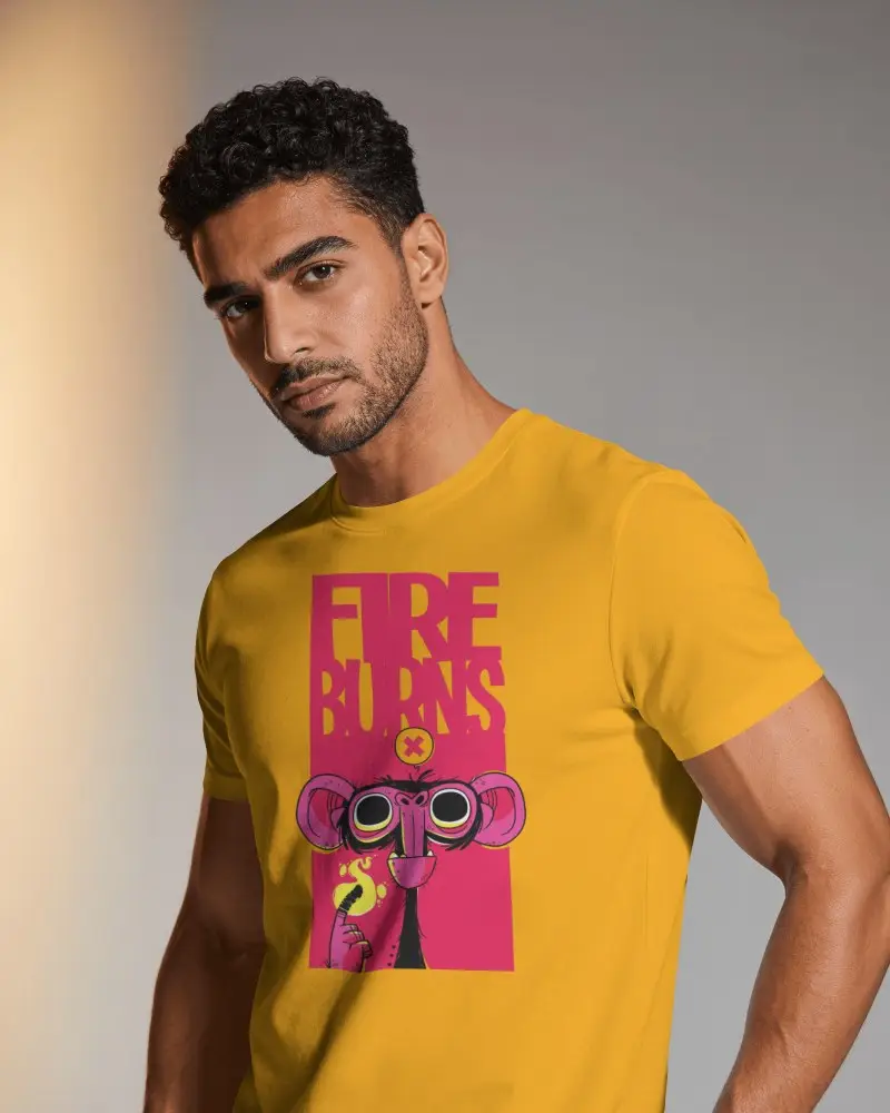 Fashion Campaign Men T Shirt Mockup With Forward Leaning Torso And Intense Camera Facing Expression