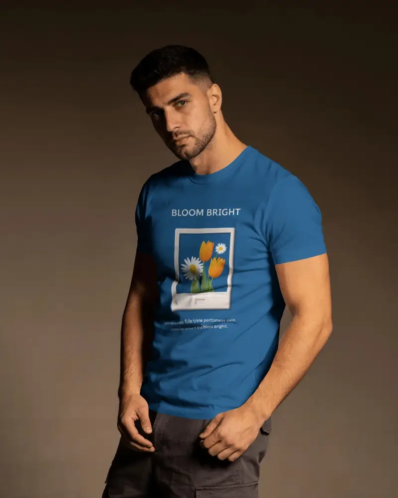 Cinematic Mens T Shirt Mockup With Athletic Model Standing In Dramatic Three Quarter Pose