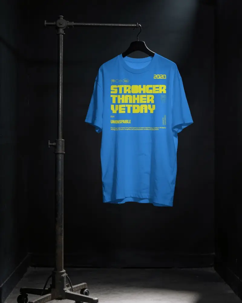 Industrial Hanging T Shirt Mockup On Clothes Hanger With Vintage Metal Rack In Dark Studio