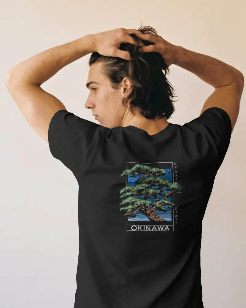 Back Print T Shirt Mockup Featuring Male Model With Hands Behind Head And Defined Shoulder Line
