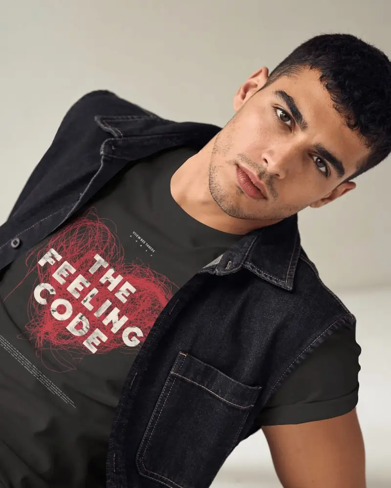 Editorial Mens Tee Mockup Featuring Open Denim Layer And Strong Asymmetrical Portrait Framing