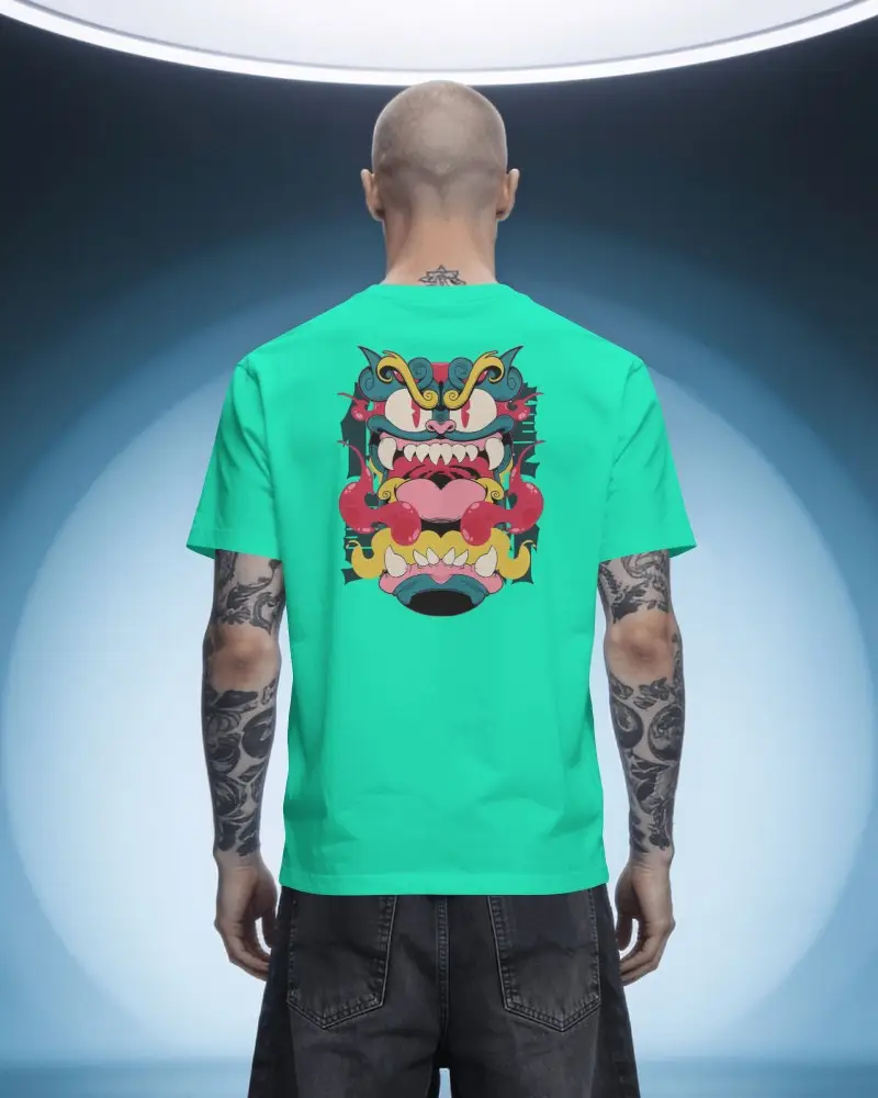 Back Print Mens T Shirt Mockup Featuring Shaved Head Model With Full Arm Tattoos And Symmetrical