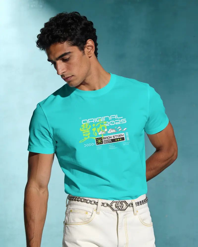 Front T Shirt Mockup Male Model Looking Down In Textured Studio Lighting