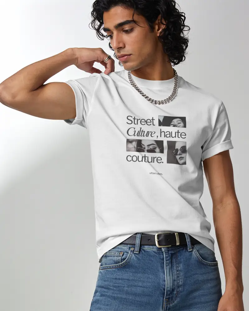 Close Up T Shirt Mockup Male Model Adjusting Collar In Clean Editorial Studio