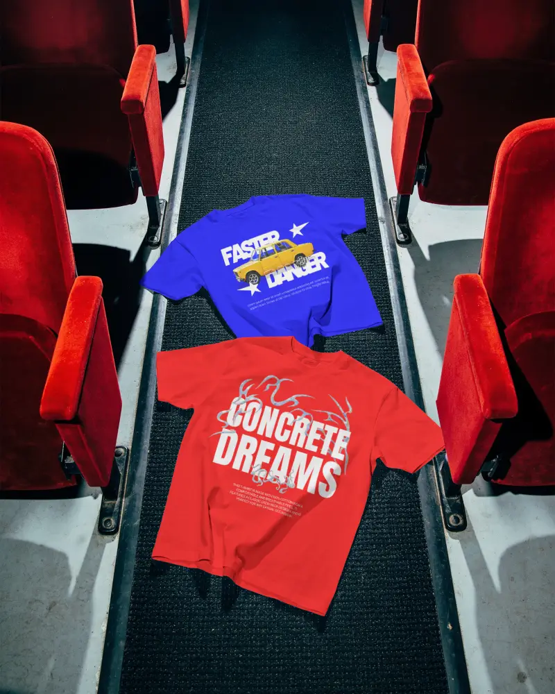 Flat Lay T Shirt Mockup On Theater Aisle Between Seats With Overhead Composition