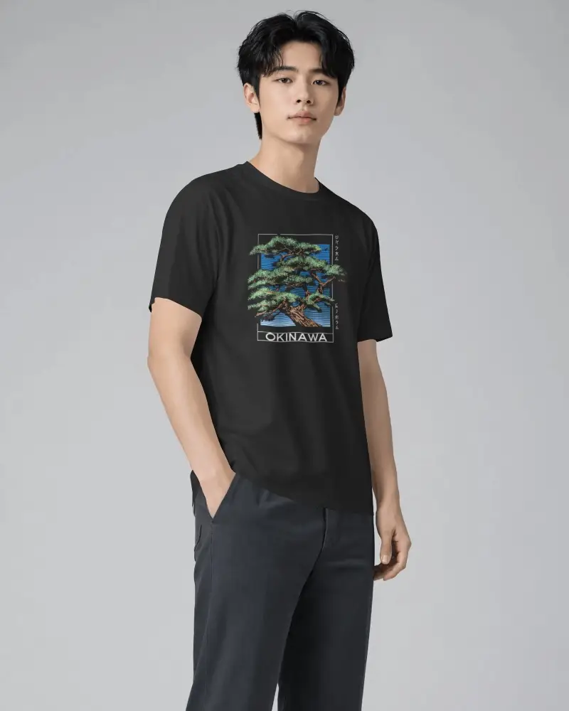 Three Quarter Front Mens T Shirt Mockup With Young Male Model Standing And One Hand In Pocket