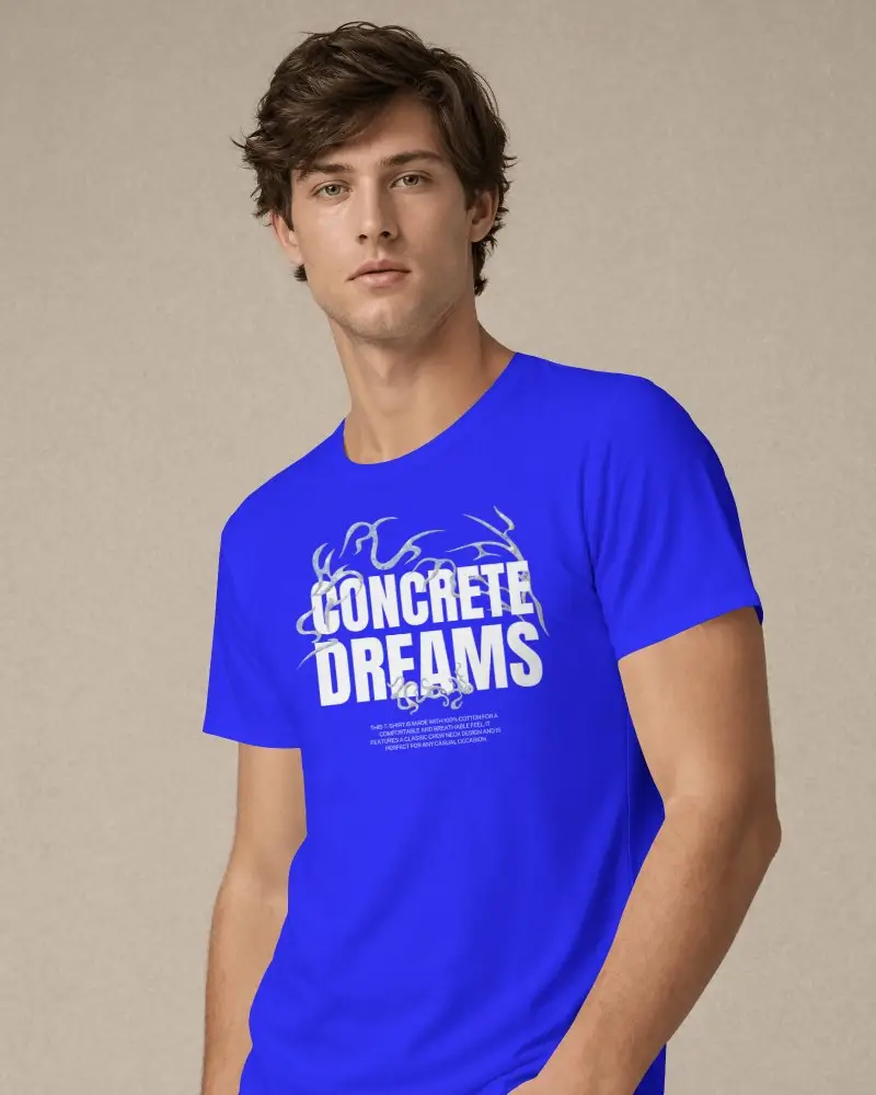 Three Quarter Mens T Shirt Mockup With Tousled Haired Model Relaxed Stance And Hand In Pocket