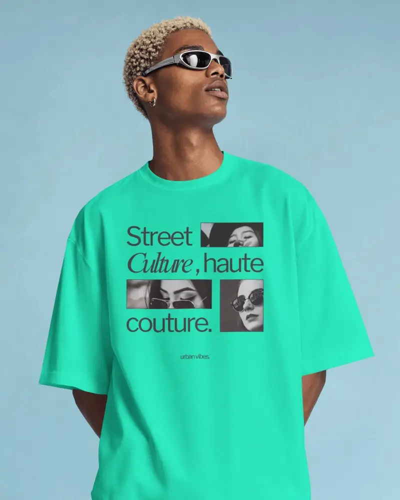 Oversized Mens T Shirt Mockup With Bleached Curl Model Wearing Futuristic Sunglasses Looking Upward
