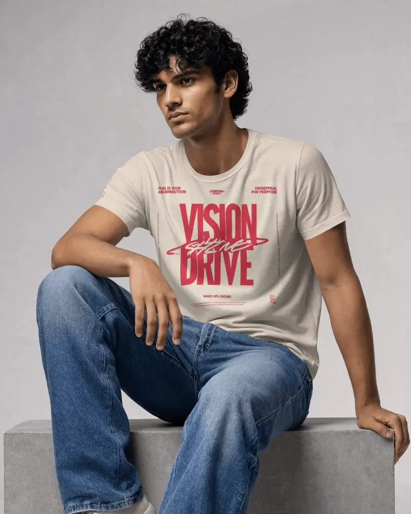 Casual Mens Tee Mockup With One Knee Raised Hand Resting On Thigh Natural Seated Posture