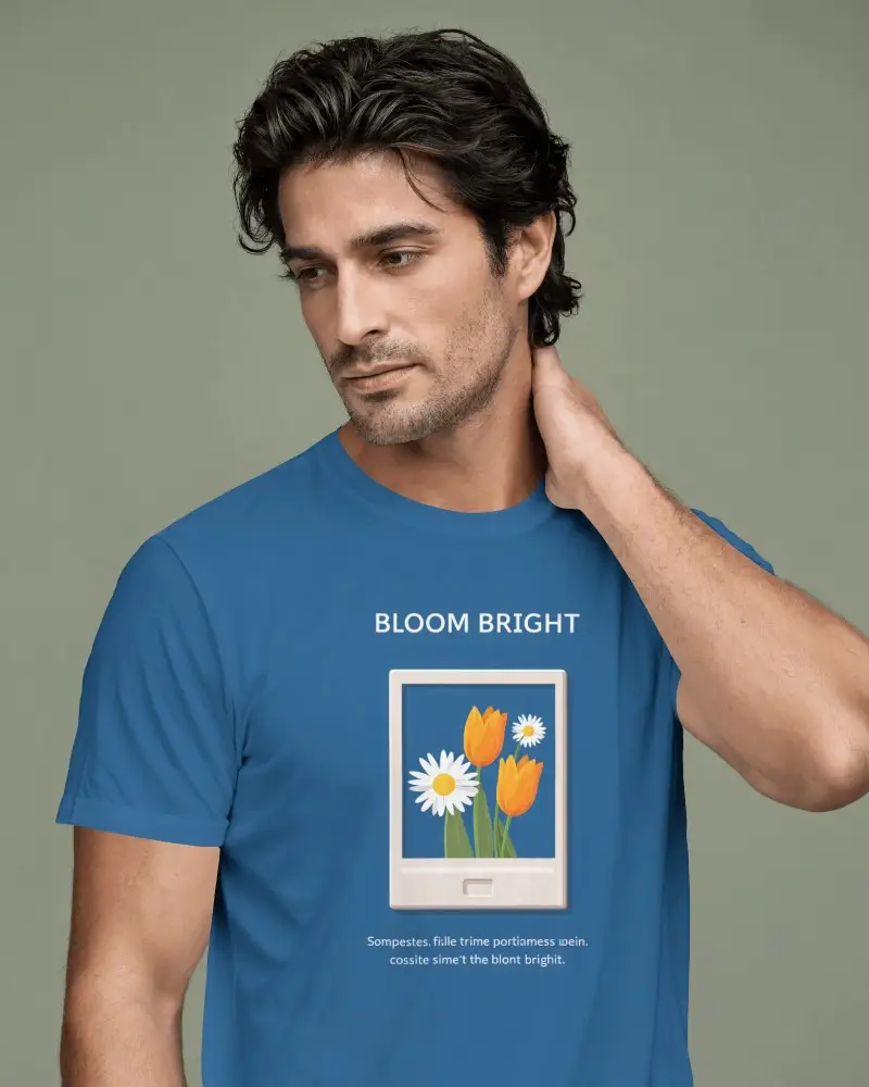 Fashion Campaign Mens Tee Mockup Featuring Swept Back Hair Subtle Stubble And Sideward Gaze