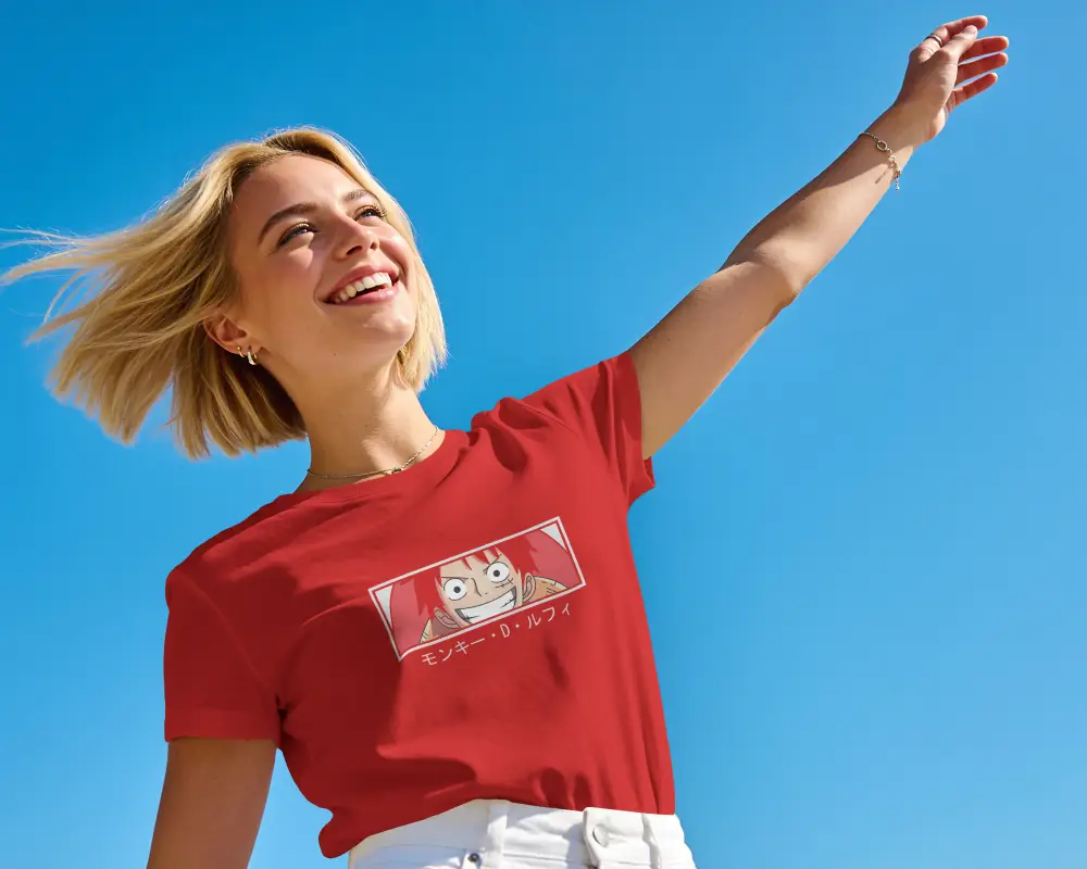 Outdoor Female T Shirt Mockup Smiling With Raised Arm Against Clear Sky