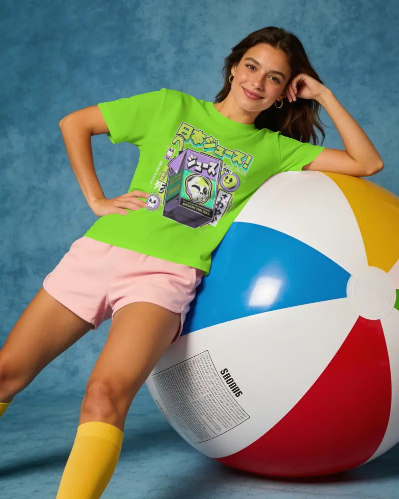 Playful Female T Shirt Mockup Leaning On Inflatable Beach Ball In Studio