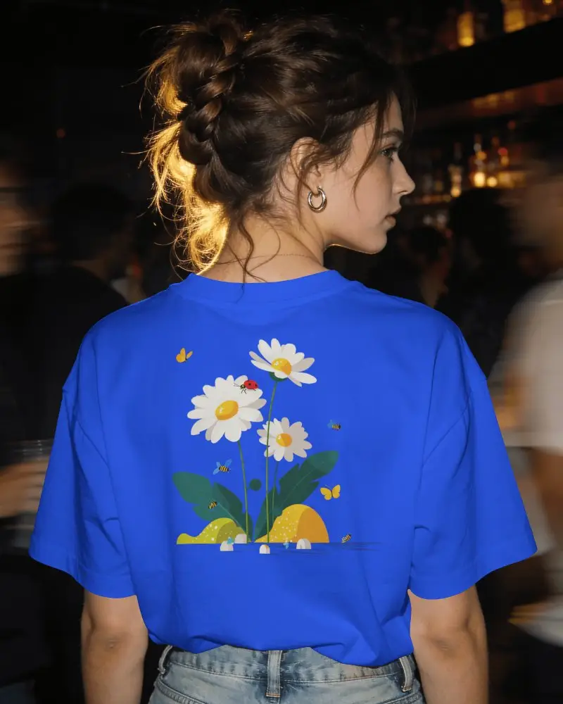 Evening T Shirt Mockup Female Model Oversized Tee Back View Messy Bun Jeans Blurred Lights