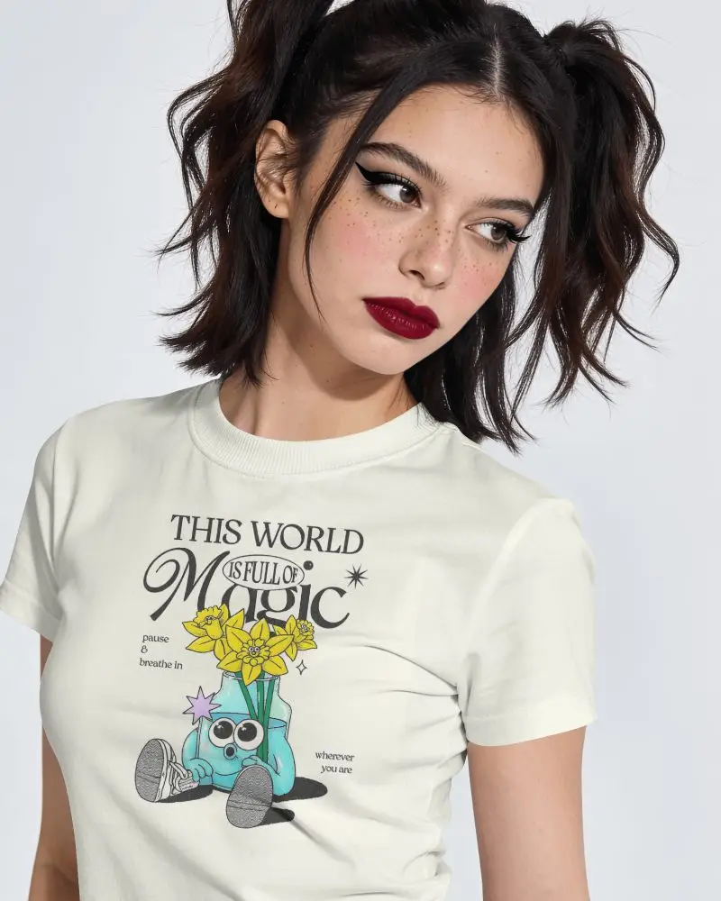 Y2k T Shirt Mockup Model With Messy Dark Hair Pigtails Silver Tee Burgundy Lips Minimalist