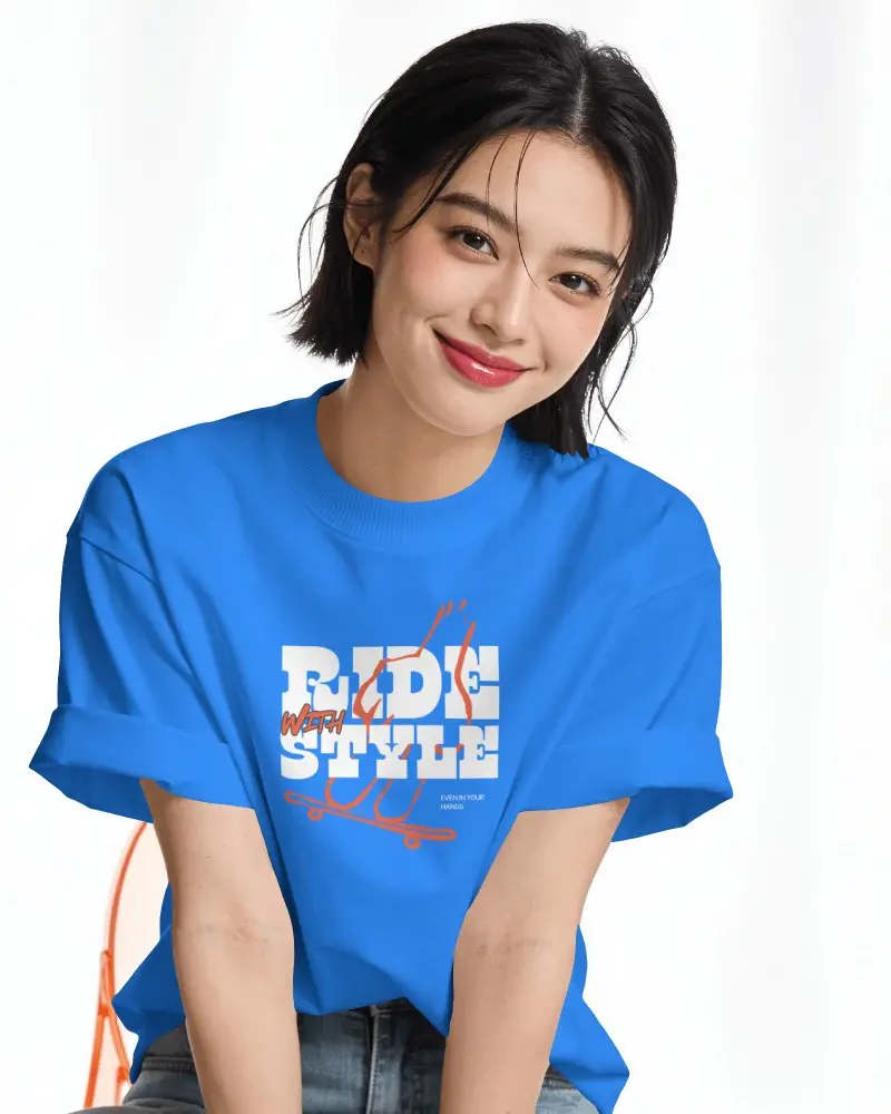 Smiling Female Model T Shirt Mockup Oversized Tee Short Dark Hair Looking At Camera Happy Look