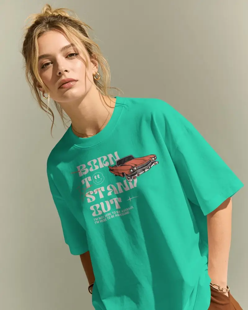 Everyday T Shirt Mockup Female Model Crew Neck Oversized Fit Messy Updo Studio Setting