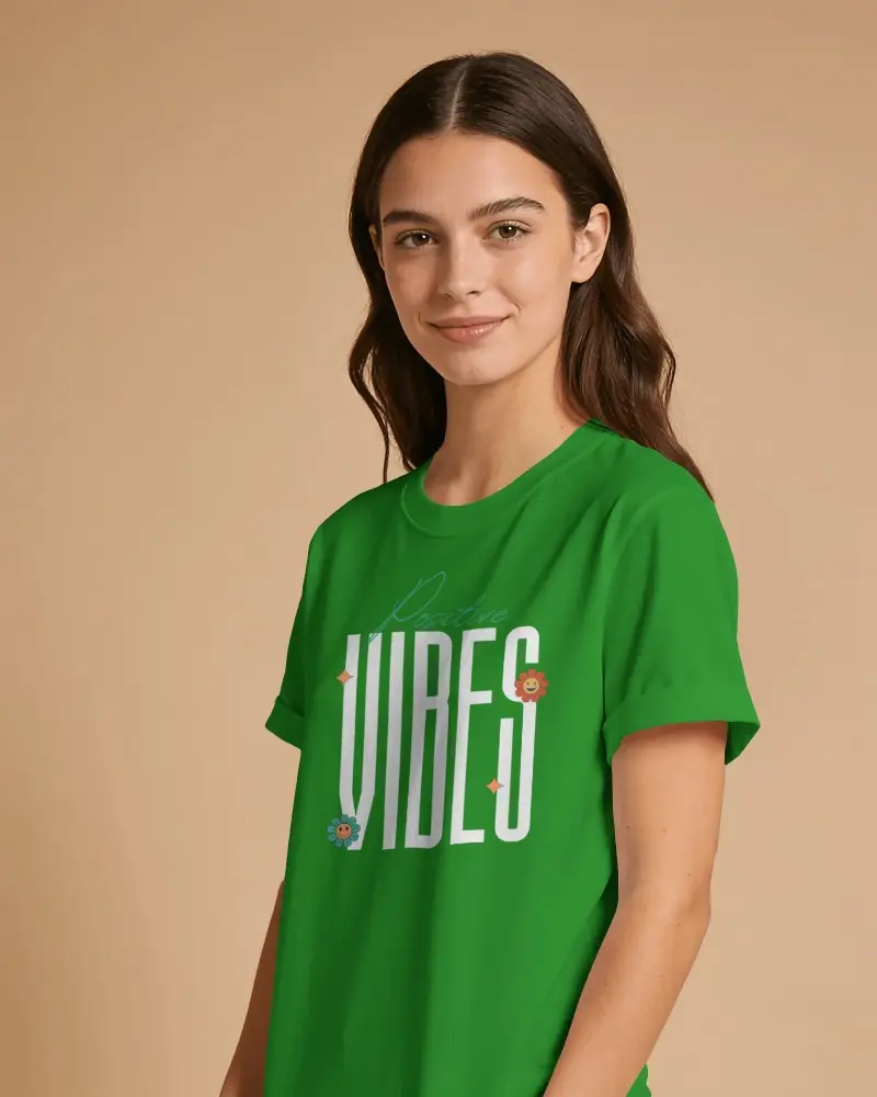 Studio T Shirt Mockup Female Model Long Dark Hair Long Brunette Direct Gaze Soft Lighting