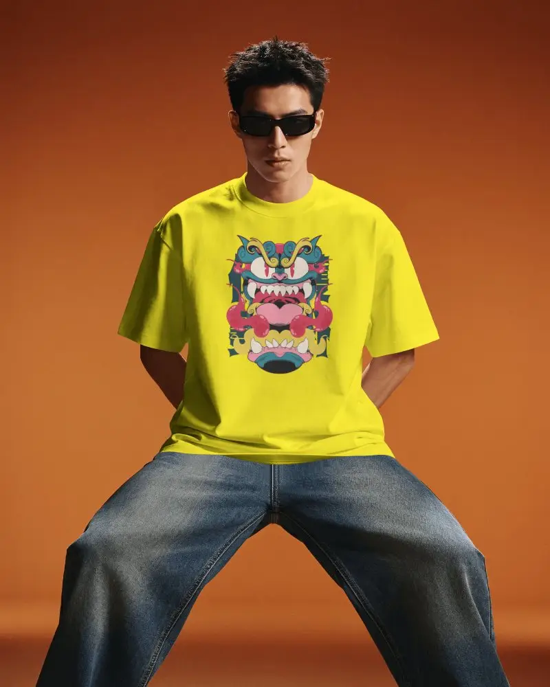 Hip Hop T Shirt Mockup Male Model Regular Tee Baggy Denim Sunglasses Sitting Wide Legs