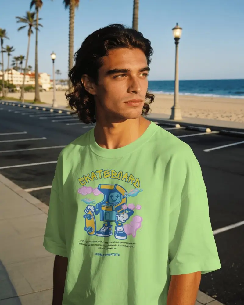 Outdoor T Shirt Mockup Male Model Long Wavy Hair Oversized Tee Beach Parking Lot Background