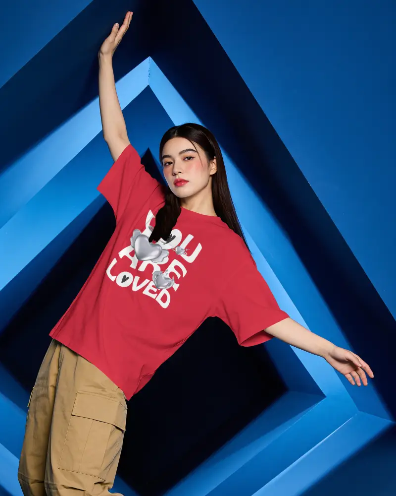 Modern Geometric T Shirt Mockup Female Model Confident Pose Streetwear Fashion Look
