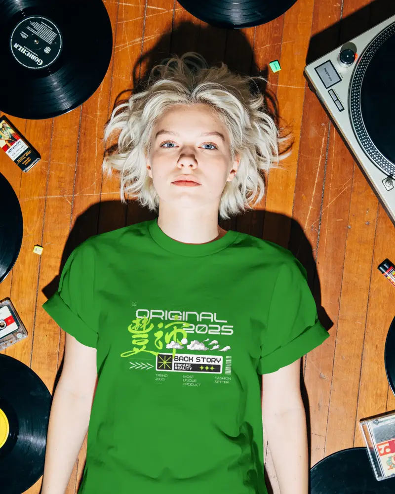 Retro Vinyl T Shirt Mockup Female Model Flat Lay Music Inspired Lifestyle Scene