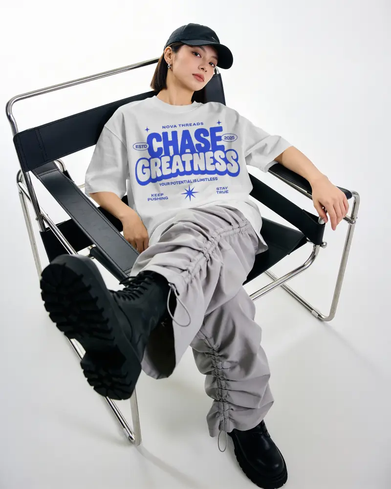 Edgy Streetwear T Shirt Mockup Female Model Relaxed Pose Modern Urban Fashion