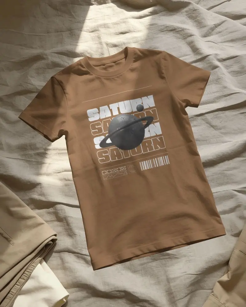 T Shirt Mockup Flat Lay On Wrinkled Cotton Bedding With Natural Sunlight And Soft Shadows