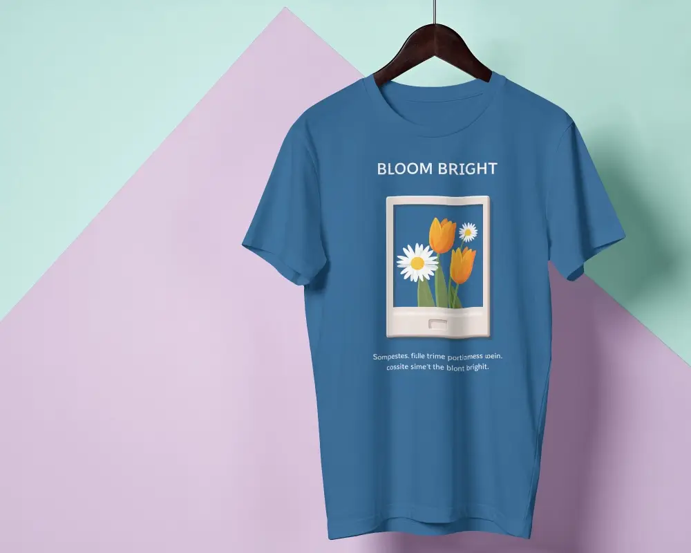 T Shirt Mockup Hanging On Wooden Hanger With Pastel Geometric Background And Soft Studio Lighting