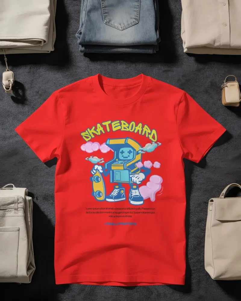 T Shirt Mockup Flat Lay On Dark Fabric Surrounded By Folded Clothing And Fashion Accessories