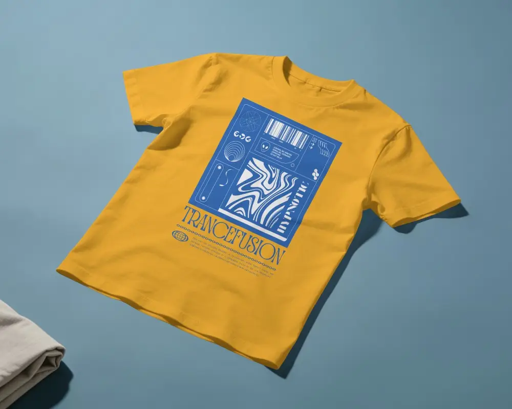 T Shirt Mockup Flat Lay On Blue Studio Surface With Soft Natural Lighting And Subtle Shadows