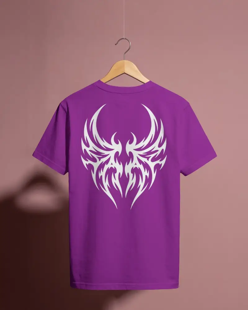 Back View T Shirt Mockup Hanging On Wooden Hanger Against Dusty Pink Wall With Soft Natural Shadows