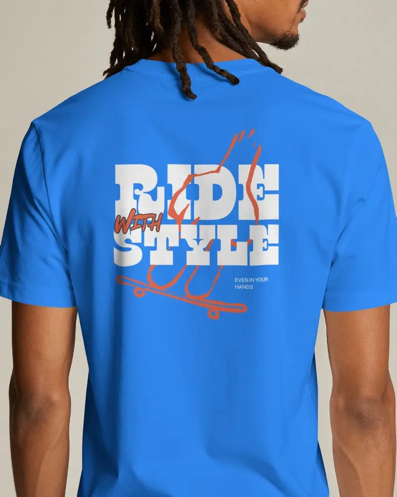 Back View Mens T Shirt Mockup On Male Model With Long Dreadlocks In Neutral Studio Lighting