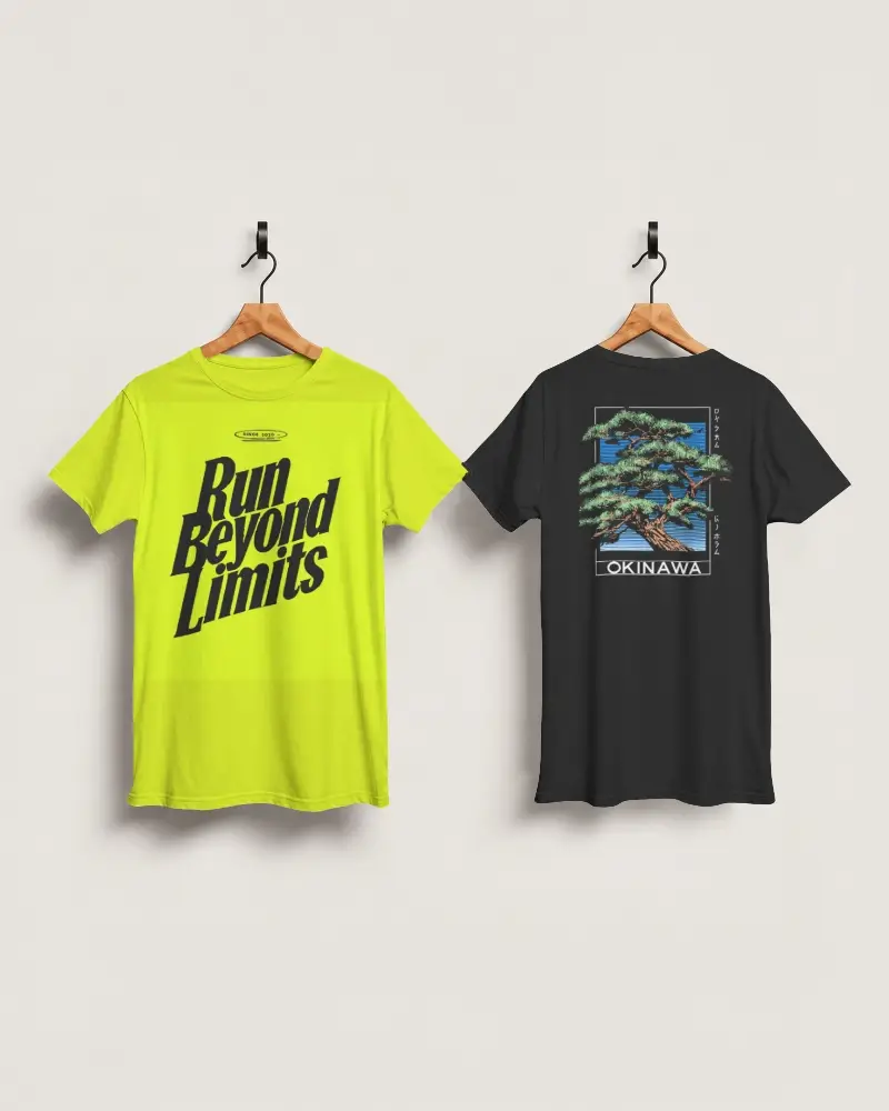 Front And Back T Shirt Mockup Hanging On Wooden Hangers Against Minimalist Studio Wall