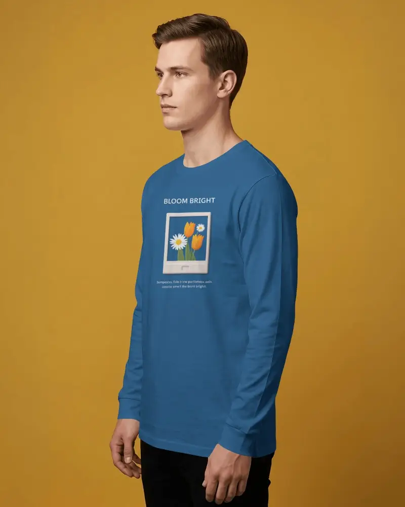Long Sleeve T Shirt Mockup Male Model In Side Profile Against Warm Mustard Studio Backdrop