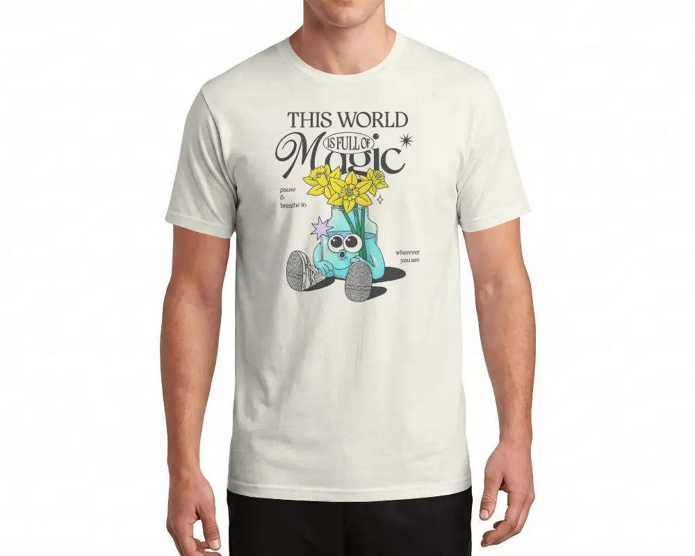 Mens Basic T Shirt Mockup Model In Straight On Apparel Product Display With Natural Fabric Draping