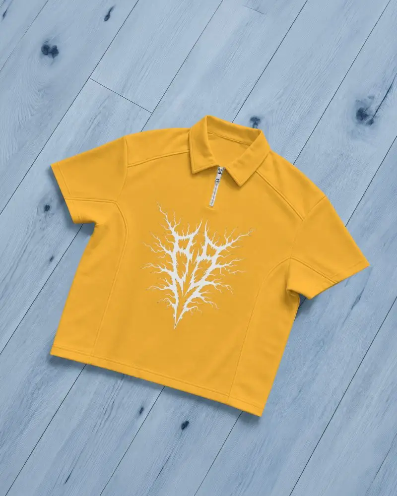 Flat Lay Polo Shirt Mockup Diagonally Positioned On Painted Wooden Floor With Visible Seam Details