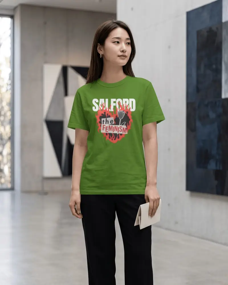 Contemporary Gallery T Shirt Mockup Asian Female Model Holding Art Card In Minimalist Exhibition