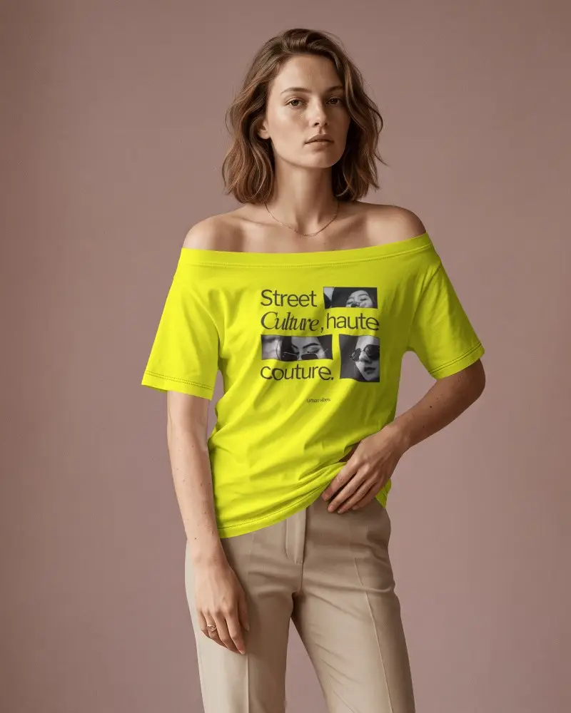 Soft Editorial Off Shoulder T Shirt Mockup Female Model In Relaxed Tailored Pants Muted Fashion