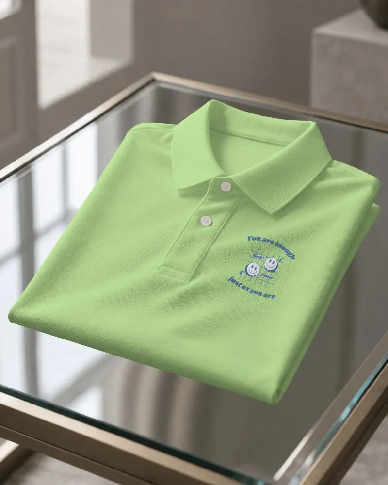 Architectural Daylight Polo Mockup Neatly Folded On Glass Table With Geometric Window Shadows