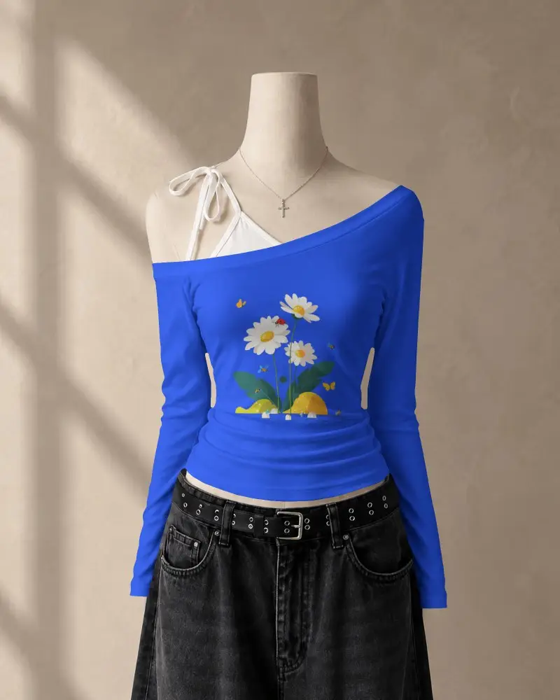 Sculpted Off Shoulder Long Sleeve T Shirt Mockup Mannequin Layered Over Top In Sunlit Editorial