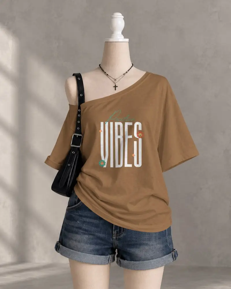 Urban Off Shoulder T Shirt Mockup Dress Form Styled With Vintage Denim And Leather Bag