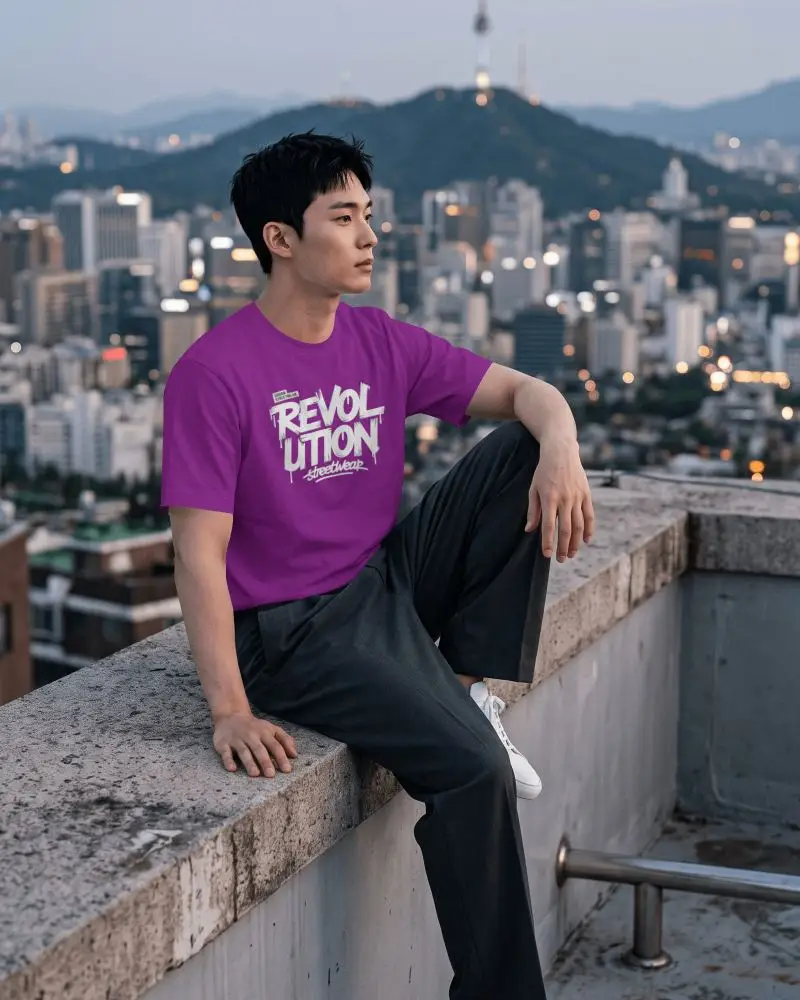 Rooftop Cityscape T Shirt Mockup Male Model Seated On Concrete Parapet With Evening Skyline
