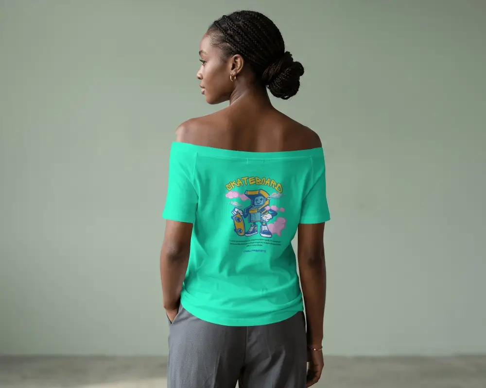 Back View Off Shoulder T Shirt Mockup Black Female Model With Braided Bun In Muted Studio Setting