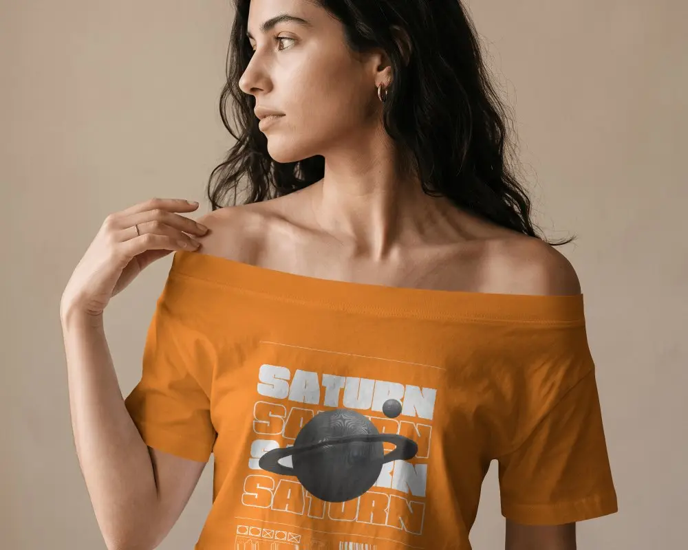 Close Up Off Shoulder T Shirt Mockup Female Model Touching Neckline In Intimate Editorial Portrait