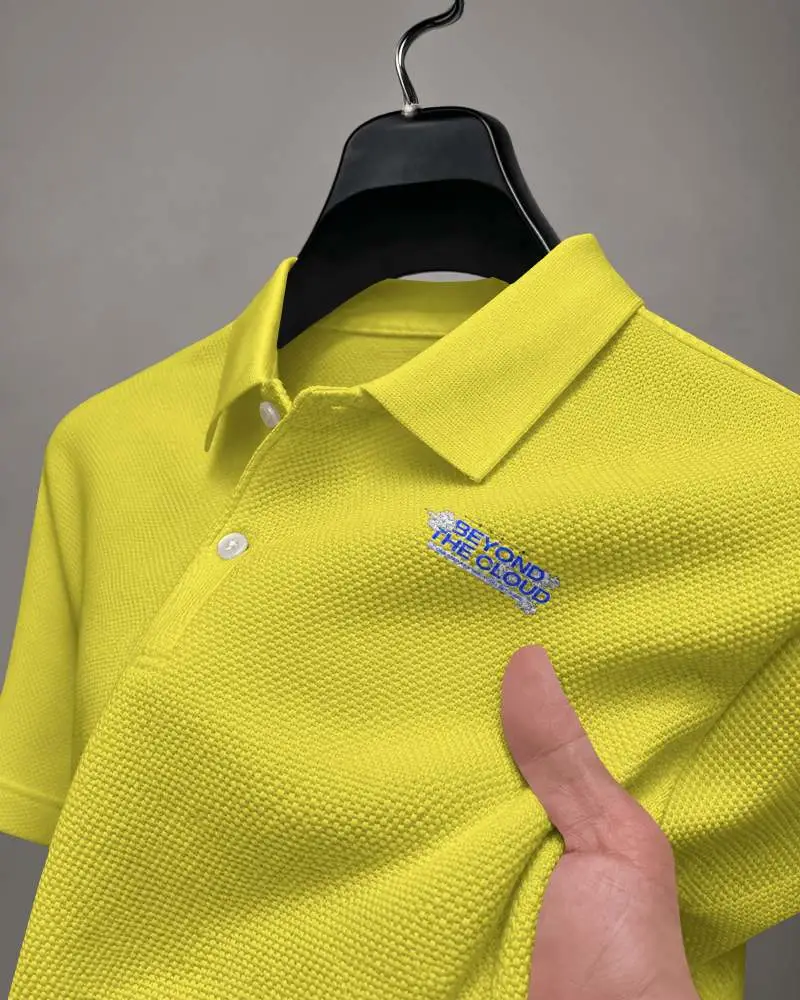 Tactile Knit Polo Mockup On Black Hanger With Hand Pulling Textured Fabric And Close Up Collar