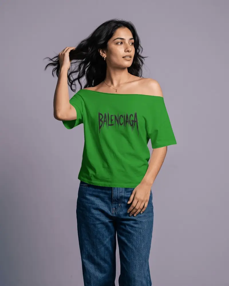 Lavender Studio Off Shoulder T Shirt Mockup Woman Model Lifting Windblown Hair In Editorial Pose